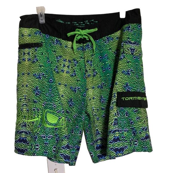 Tormenter Board Shorts Mens 38 Black Green Mahi Skin Waterman Cargo Swim Trunks - Picture 1 of 7